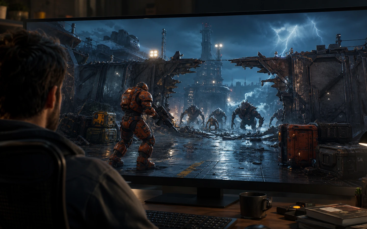 Over-the-shoulder game creator reviewing the original Unity Horde Breach scene in a professional game workspace on a large monitor, scene viewport dominant, tool controls abstract and unreadable