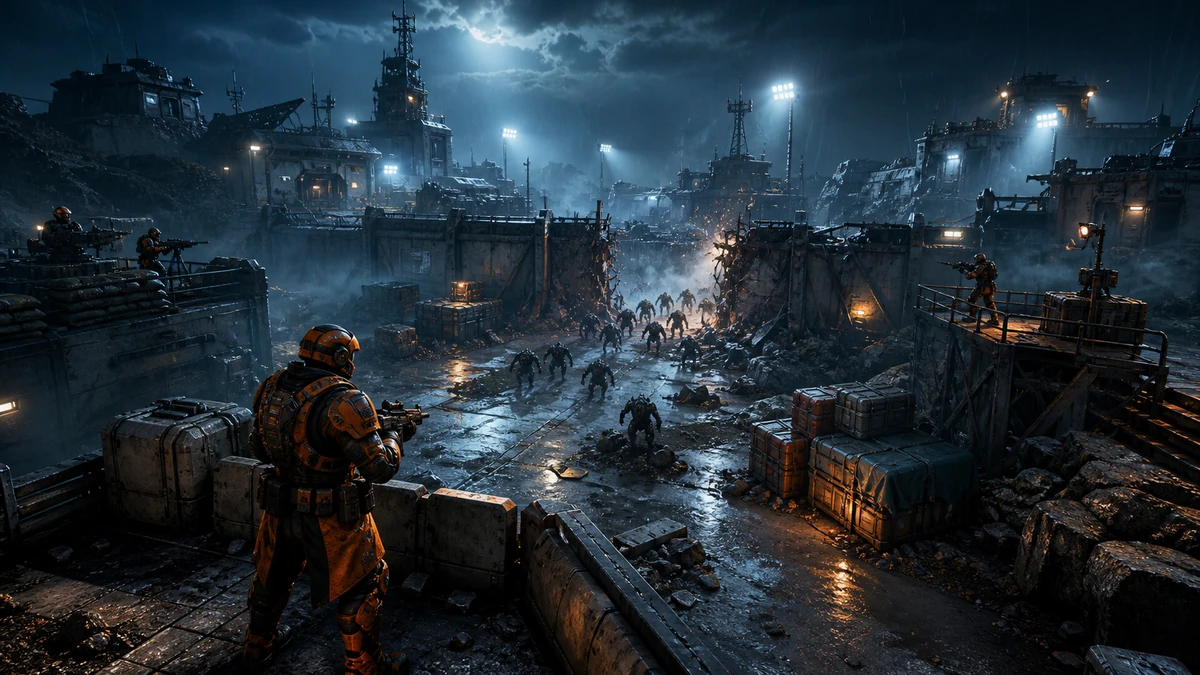 Clear playable layout showing breach barricade, defender positions, resource crates, and fallback lanes with readable spacing, camera, and route in the same world