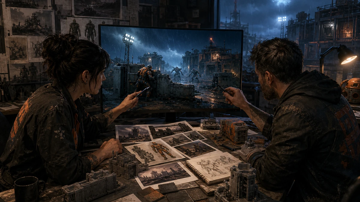 Two game creators reviewing physical design references and the original Unity Horde Breach scene on a monitor, no readable labels