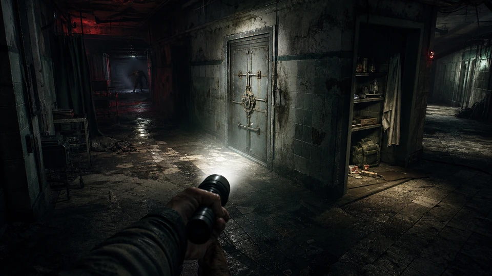 Physical in-world kit representing flashlight-lit corridors, locked doors, hiding alcoves, supplies, and branching routes, arranged coherently in the same visual direction
