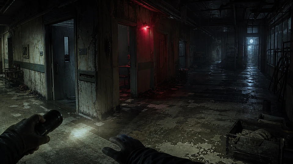 Wide final scene showing start, escalation, route choices, and finish for the Unity Horror FPS prototype