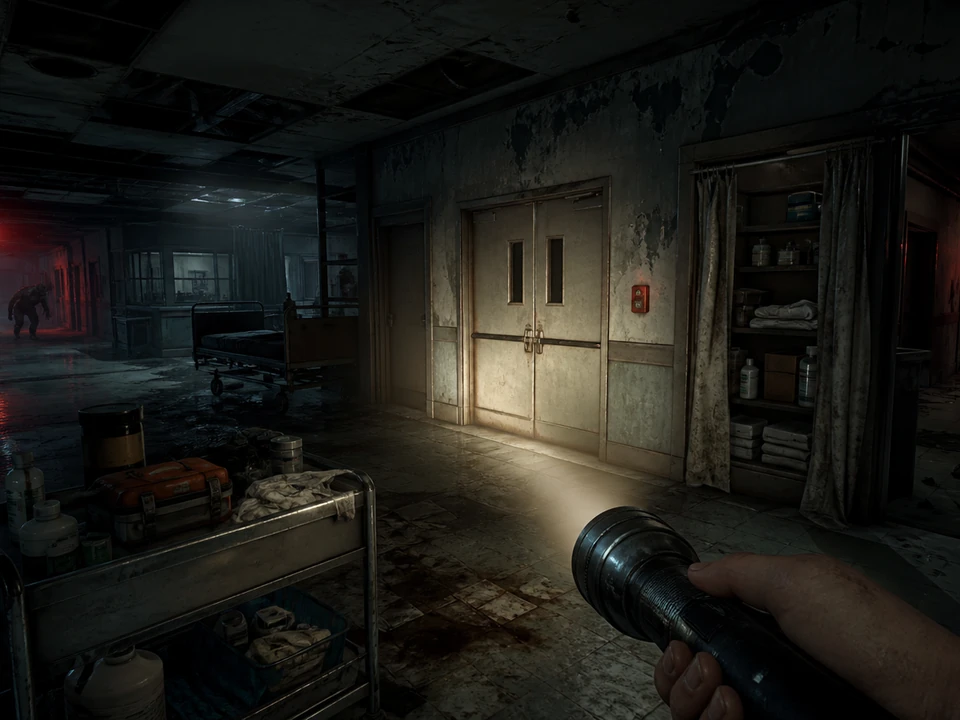Wide three-quarter 3D gameplay scene of flashlight-lit corridors, locked doors, hiding alcoves, supplies, and branching routes in a coherent cinematic abandoned research hospital at night with an original first-person survivor, handheld flashlight, worn corridors, emergency red lights, locked doors, scattered supplies, and an indistinct pursuing creature world, no interface