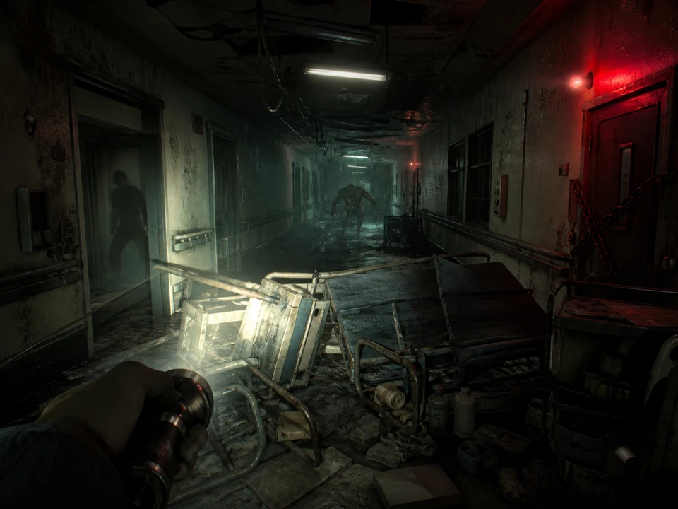 Action moment showing flickering lights, sudden silhouettes, creature pursuit, and blocked passages resolving clearly in the same cinematic abandoned research hospital at night with an original first-person survivor, handheld flashlight, worn corridors, emergency red lights, locked doors, scattered supplies, and an indistinct pursuing creature world, no text