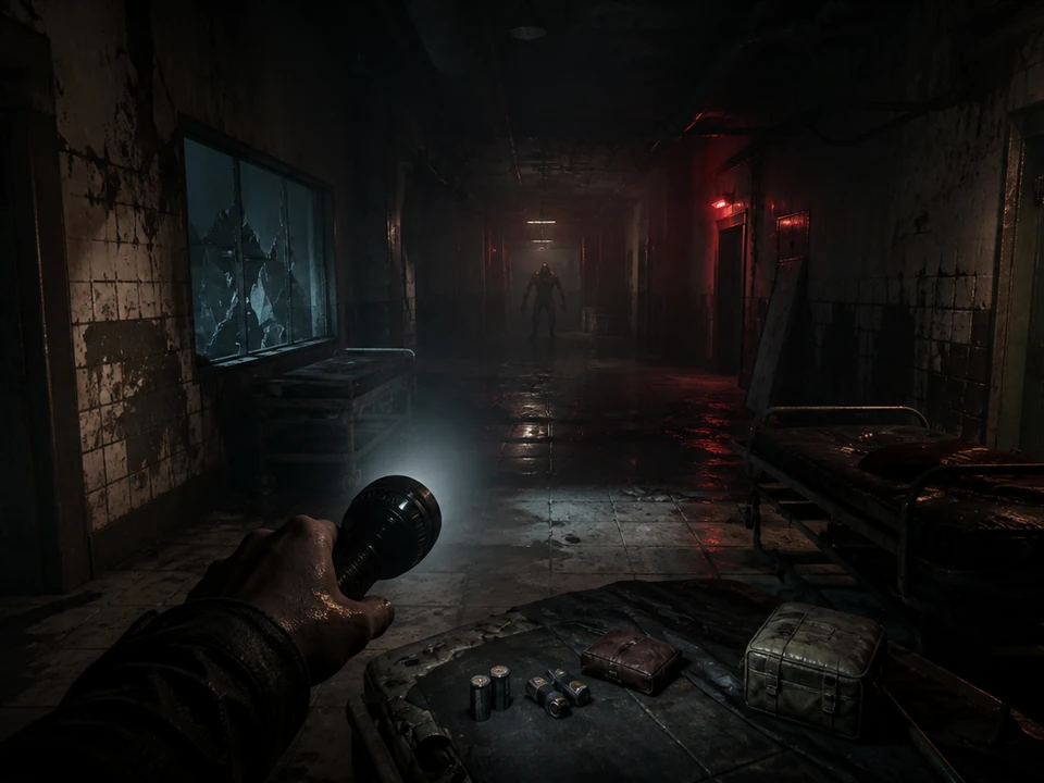 Hero moment where visibility, resource scarcity, pursuit distance, and escape-route choices escalates around the player in the same coherent world, no HUD