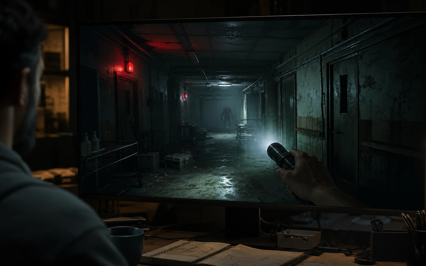 Over-the-shoulder game creator reviewing the original Unity Horror FPS scene in a professional game workspace on a large monitor, scene viewport dominant, tool controls abstract and unreadable