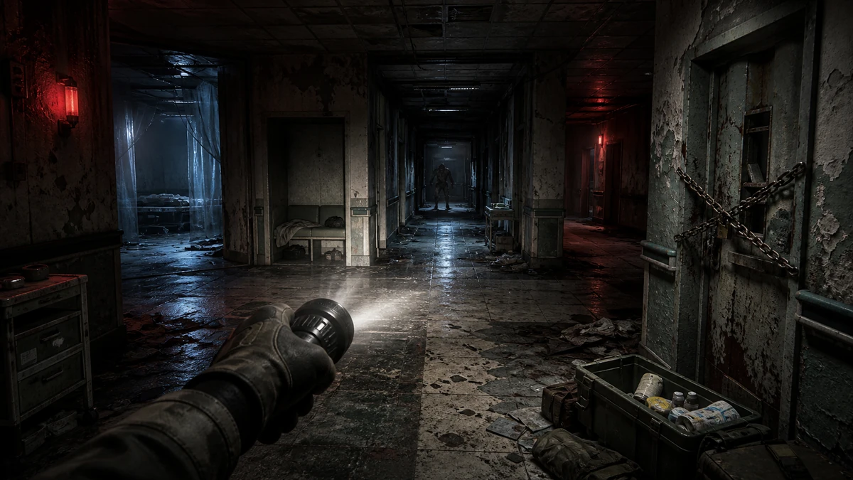 Clear playable layout showing flashlight-lit corridors, locked doors, hiding alcoves, supplies, and branching routes with readable spacing, camera, and route in the same world