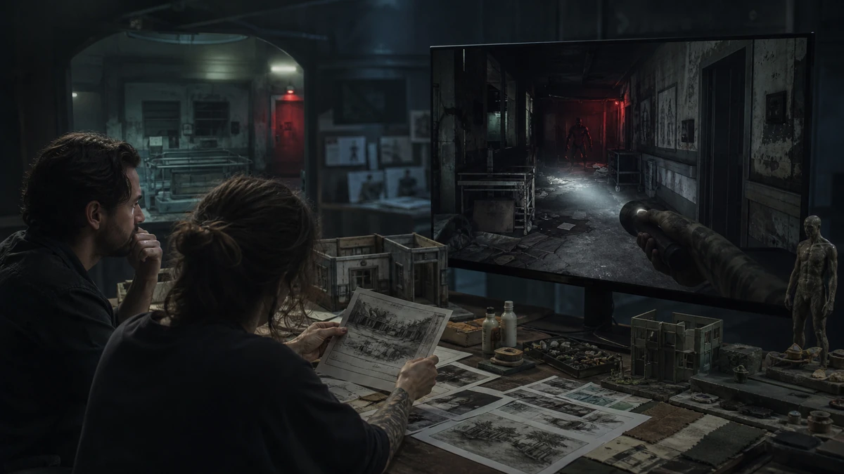 Two game creators reviewing physical design references and the original Unity Horror FPS scene on a monitor, no readable labels