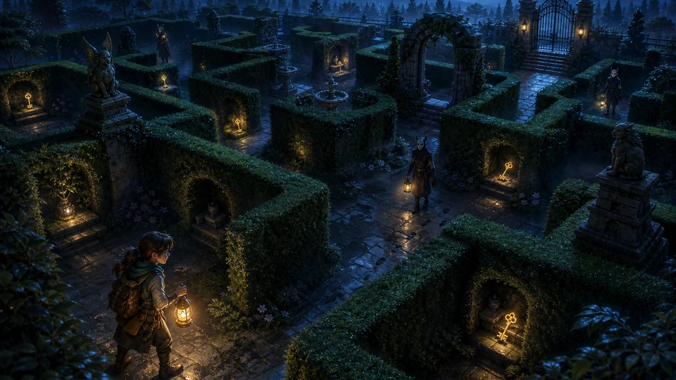 Physical in-world kit representing hedge corridors, hiding alcoves, stone landmarks, keys, patrol routes, and an escape gate, arranged coherently in the same visual direction