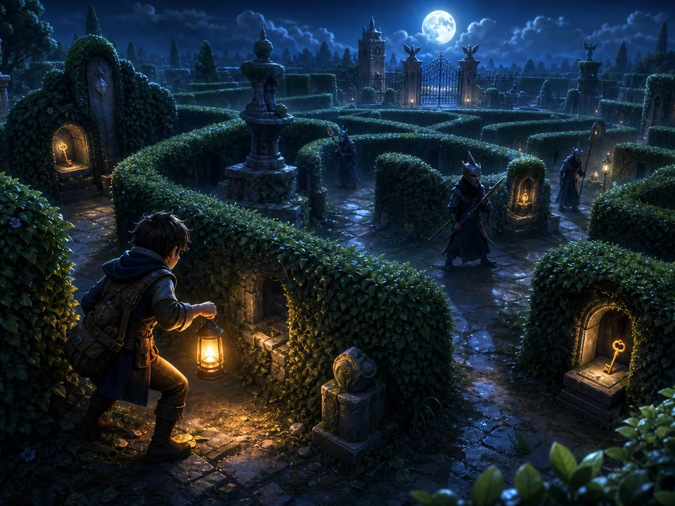 Wide three-quarter 3D gameplay scene of hedge corridors, hiding alcoves, stone landmarks, keys, patrol routes, and an escape gate in a coherent stylized moonlit hedge maze with an original young explorer, warm lantern, tall topiary walls, stone landmarks, hiding alcoves, collectible keys, and masked patrolling guardians world, no interface
