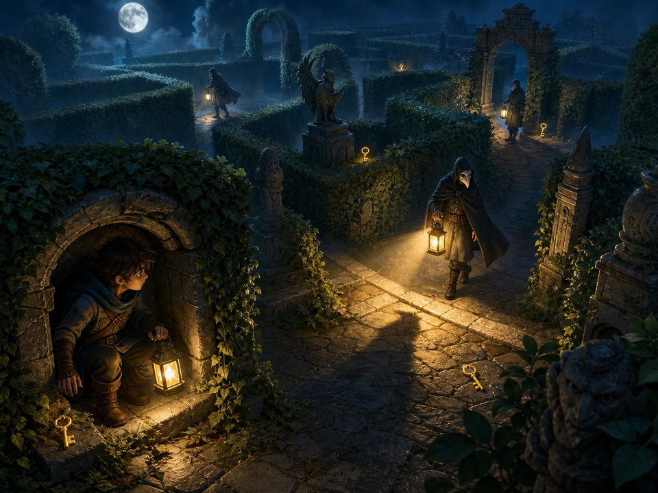 Action moment showing searching guardians, lantern shadows, near misses, and timed crossings resolving clearly in the same stylized moonlit hedge maze with an original young explorer, warm lantern, tall topiary walls, stone landmarks, hiding alcoves, collectible keys, and masked patrolling guardians world, no text