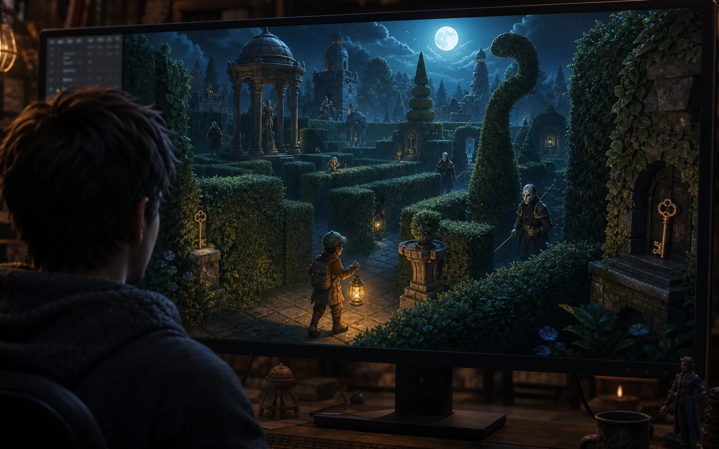 Over-the-shoulder game creator reviewing the original Unity Maze Hide-and-Seek scene in a professional game workspace on a large monitor, scene viewport dominant, tool controls abstract and unreadable