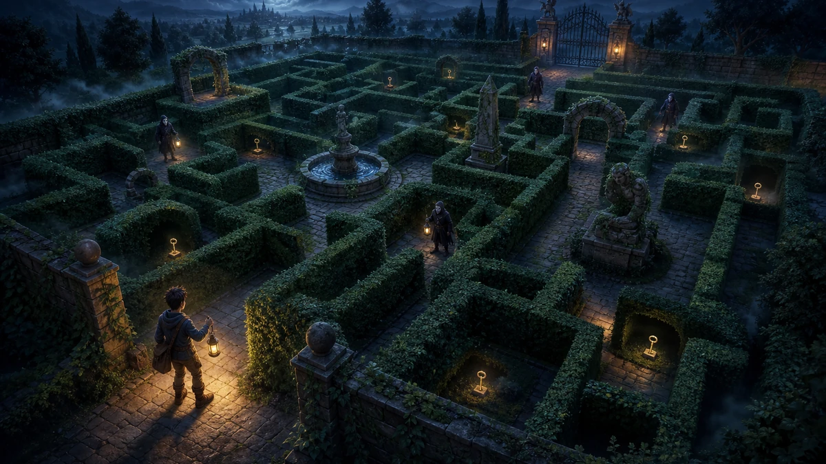 Clear playable layout showing hedge corridors, hiding alcoves, stone landmarks, keys, patrol routes, and an escape gate with readable spacing, camera, and route in the same world