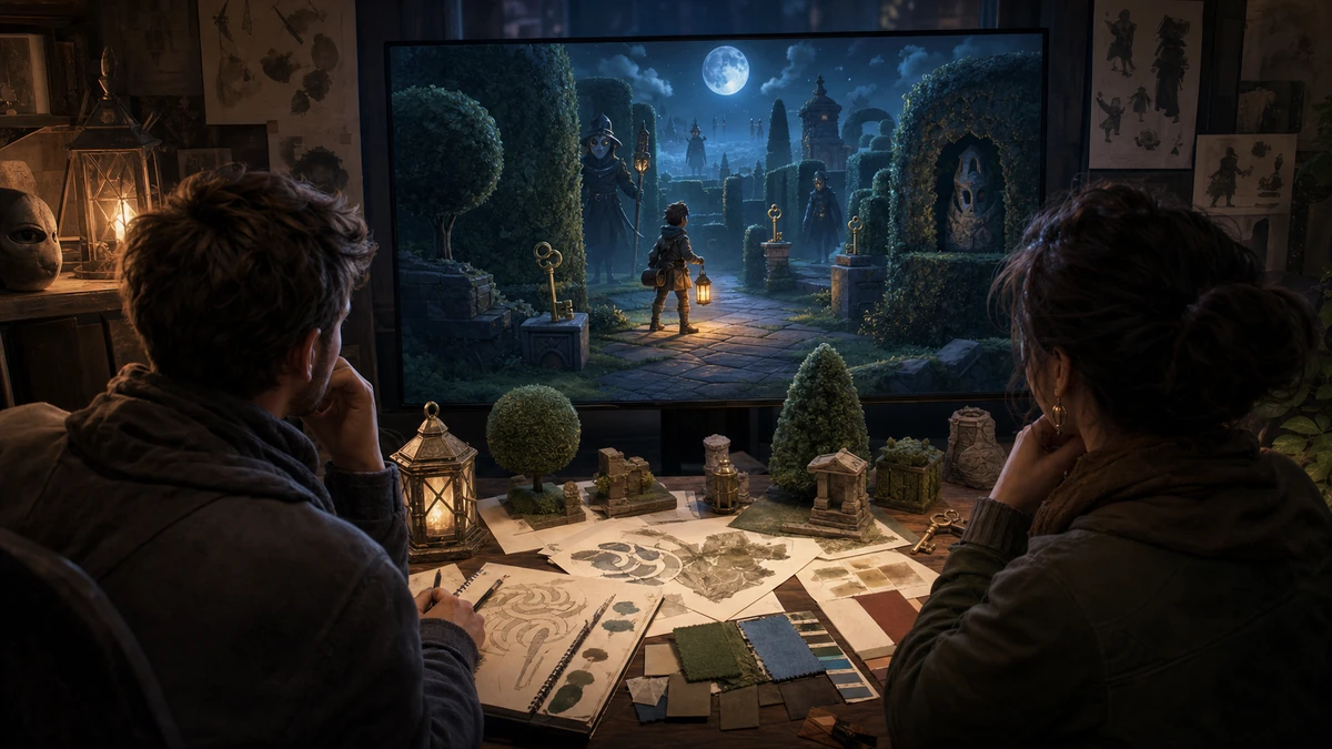 Two game creators reviewing physical design references and the original Unity Maze Hide-and-Seek scene on a monitor, no readable labels