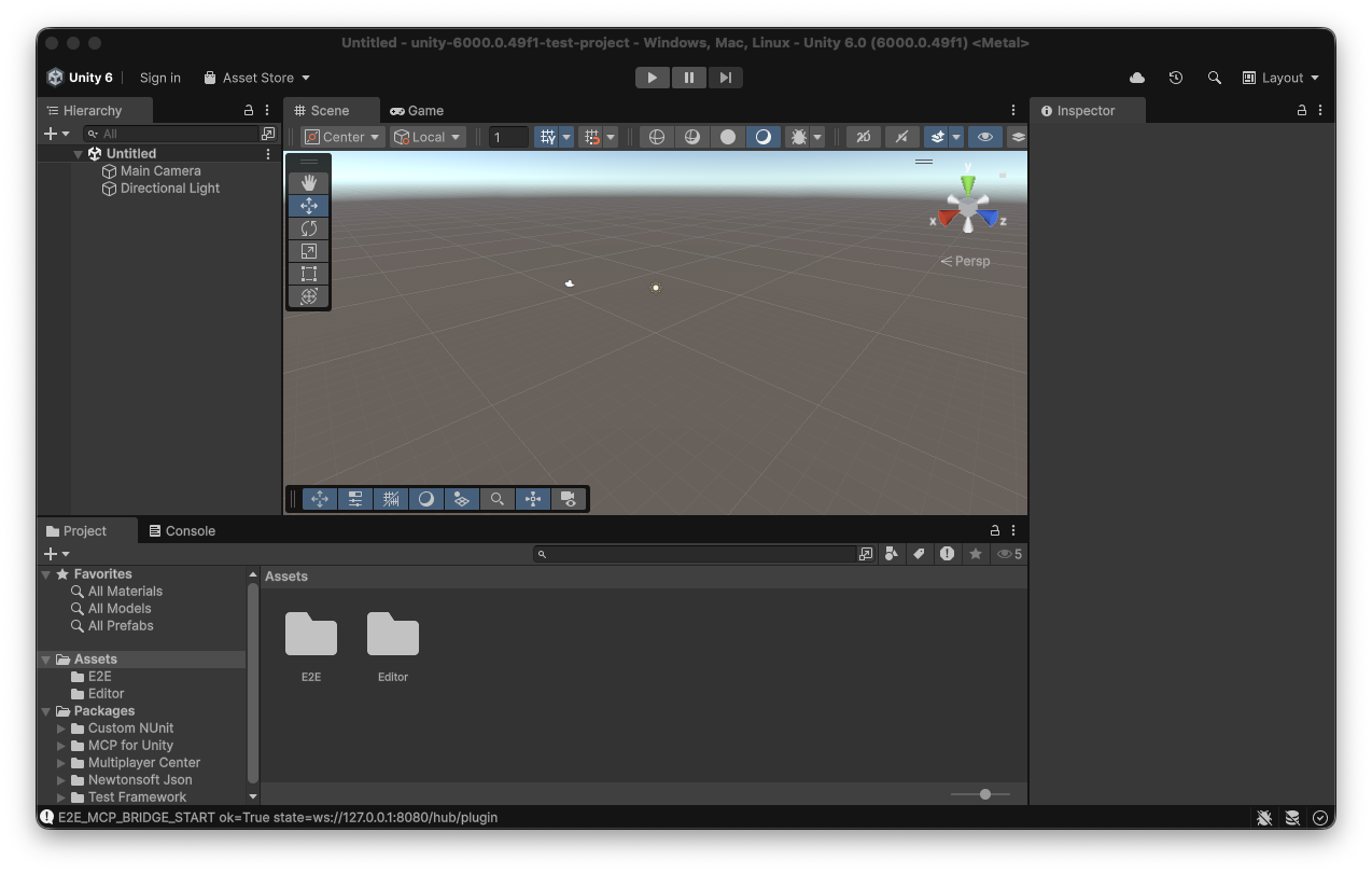Unity 6 Editor open on the disposable project with the MCP bridge success message visible.
