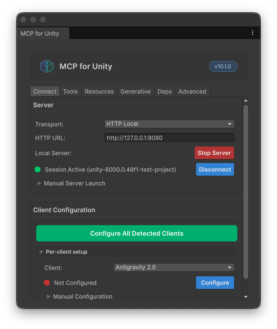 MCP for Unity Connect panel showing HTTP Local and an active session for the disposable Unity project.