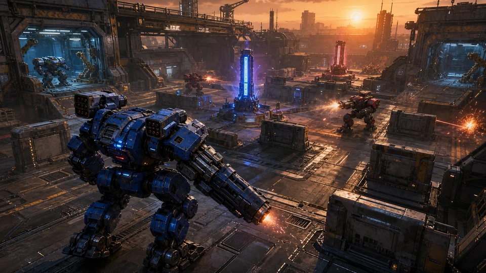 Physical in-world kit representing heavy mech silhouette, weapon hardpoints, cover blocks, capture pylons, repair bays, and movement lanes, arranged coherently in the same visual direction