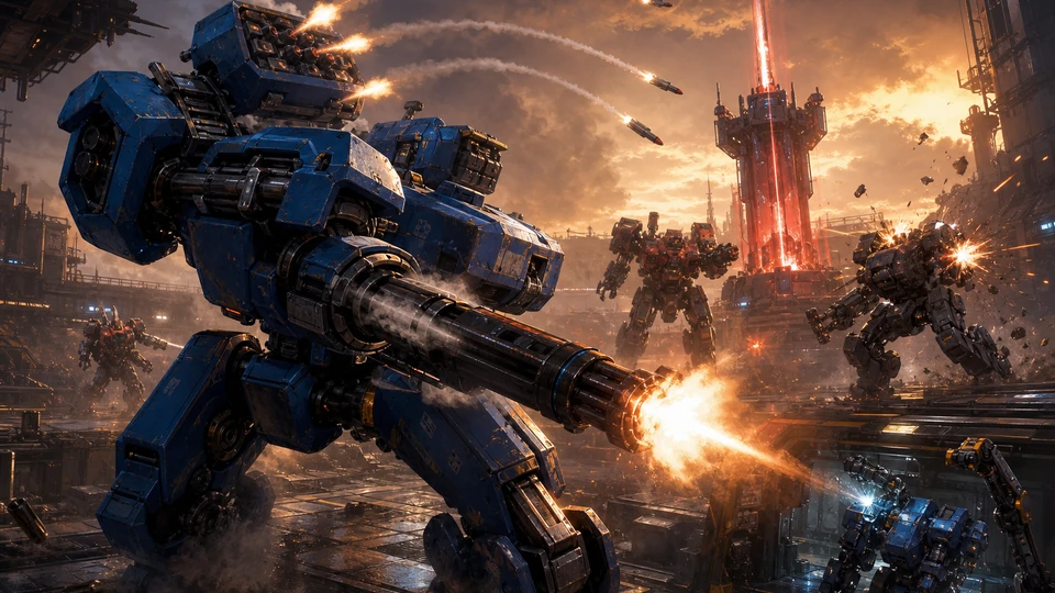 Close action view showing feedback from cannon recoil, missile trails, armor impacts, rival robots, and contested objectives with material and motion detail