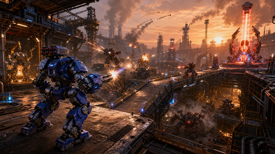 Wide final scene showing start, escalation, route choices, and finish for the Unity Mech Combat prototype