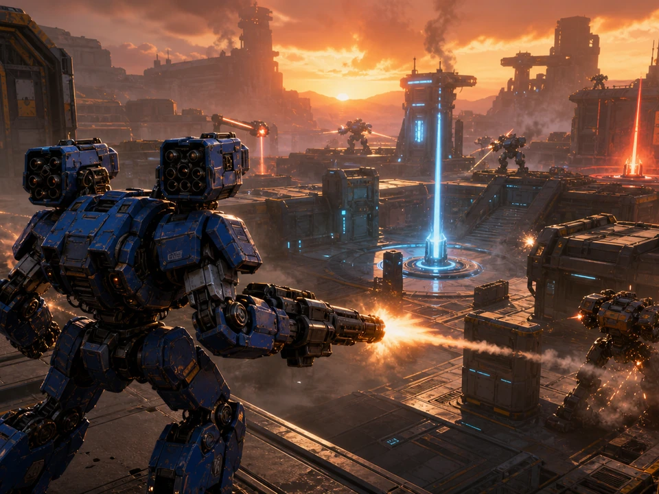Wide three-quarter 3D gameplay scene of heavy mech silhouette, weapon hardpoints, cover blocks, capture pylons, repair bays, and movement lanes in a coherent stylized industrial sci-fi arena with an original cobalt bipedal mech, heavy cannon, missile pods, rival robots, capture pylons, repair bays, sparks, and sunset haze world, no interface