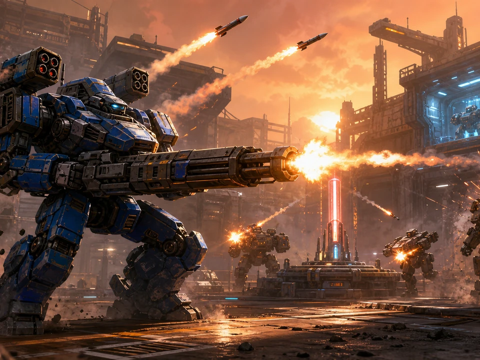 Action moment showing cannon recoil, missile trails, armor impacts, rival robots, and contested objectives resolving clearly in the same stylized industrial sci-fi arena with an original cobalt bipedal mech, heavy cannon, missile pods, rival robots, capture pylons, repair bays, sparks, and sunset haze world, no text