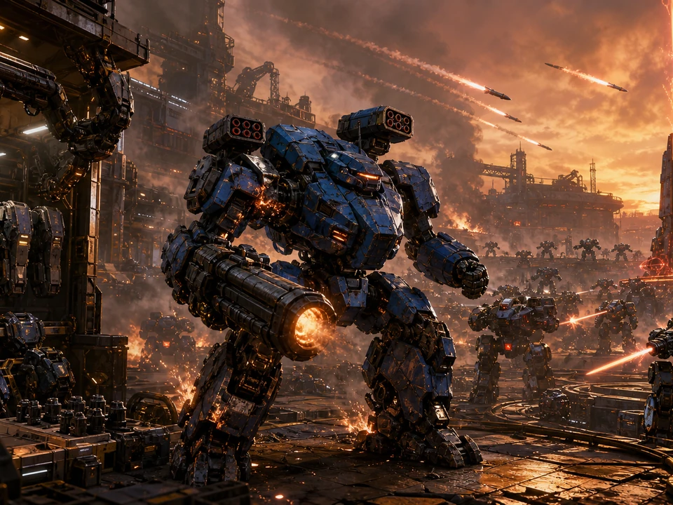 Hero moment where heat pressure, armor damage, enemy formations, and upgrade choices escalates around the player in the same coherent world, no HUD