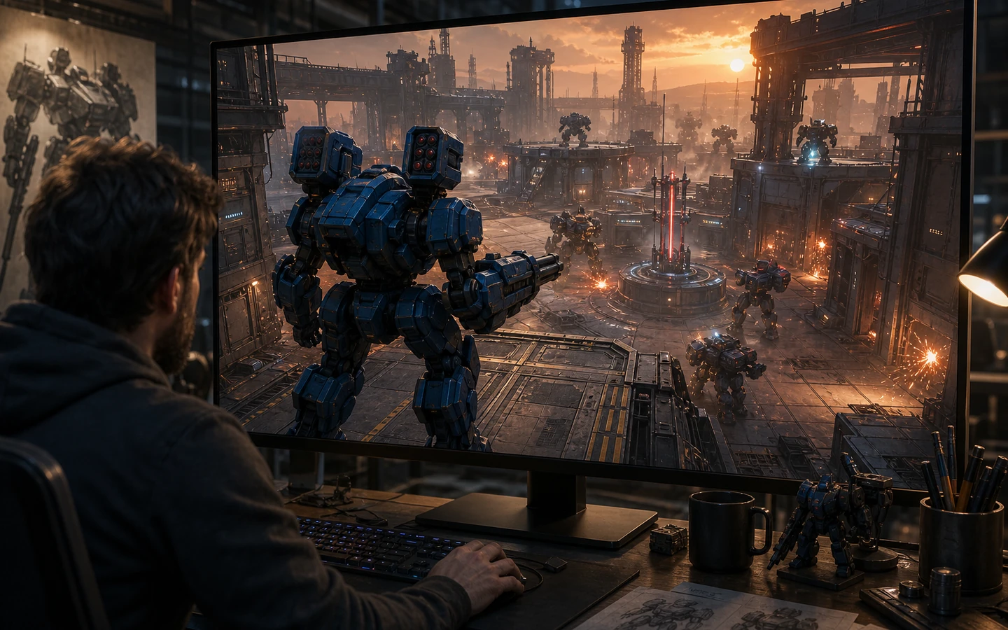 Over-the-shoulder game creator reviewing the original Unity Mech Combat scene in a professional game workspace on a large monitor, scene viewport dominant, tool controls abstract and unreadable