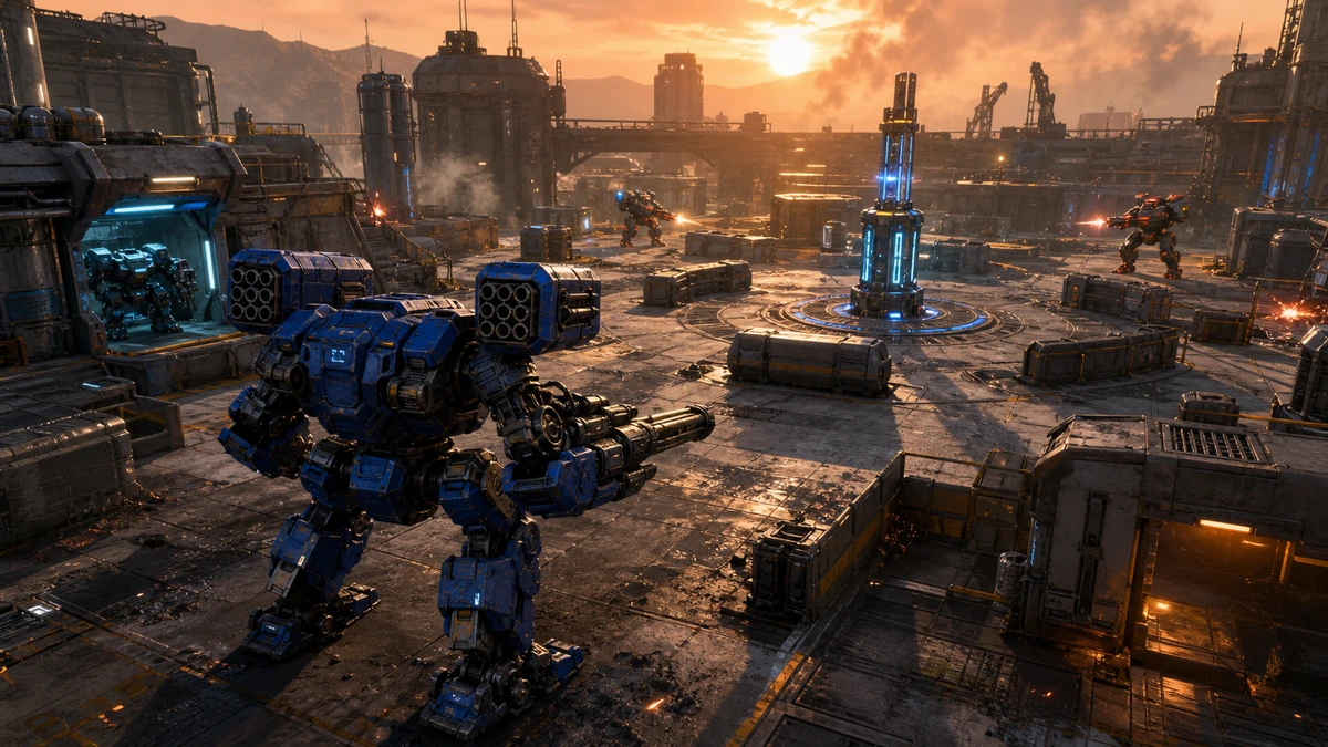 Clear playable layout showing heavy mech silhouette, weapon hardpoints, cover blocks, capture pylons, repair bays, and movement lanes with readable spacing, camera, and route in the same world