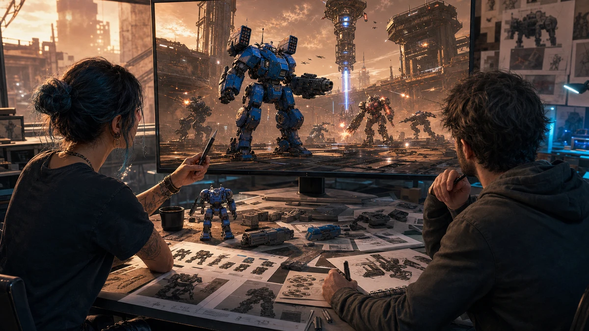 Two game creators reviewing physical design references and the original Unity Mech Combat scene on a monitor, no readable labels