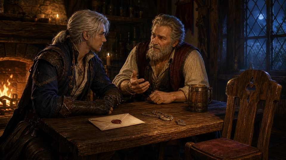 Tavern conversation staged with contextual quest objects
