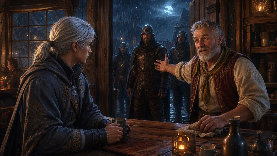 Village NPC reacting naturally to rain and arriving guards
