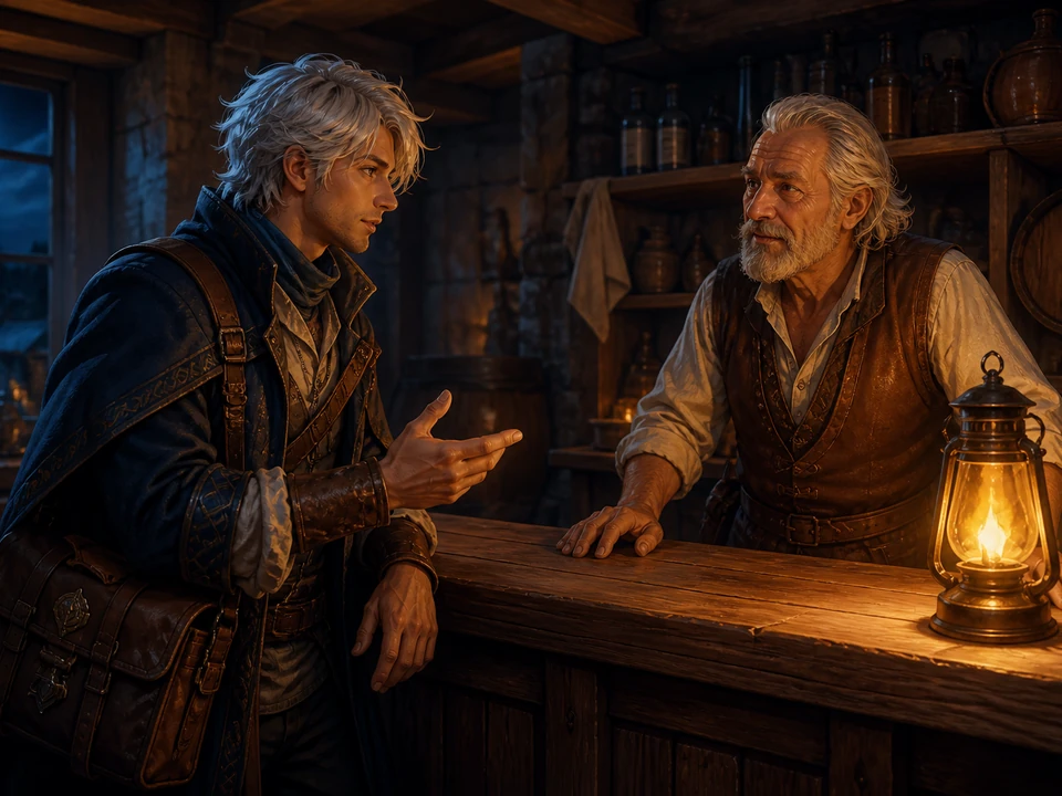 Traveler speaking with an older innkeeper in a lantern-lit tavern