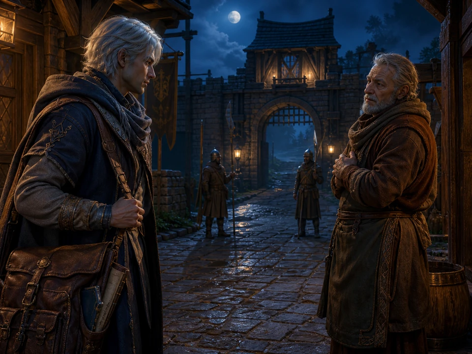 Traveler and innkeeper continuing a cautious conversation at the village gate