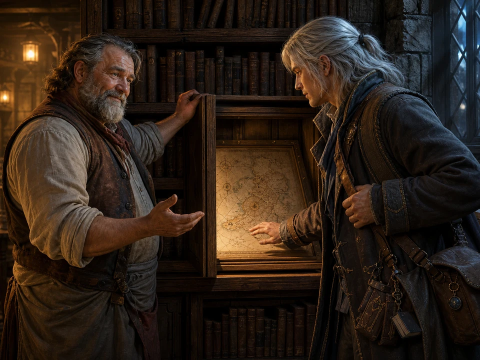 Trusted innkeeper revealing a hidden map compartment to the traveler