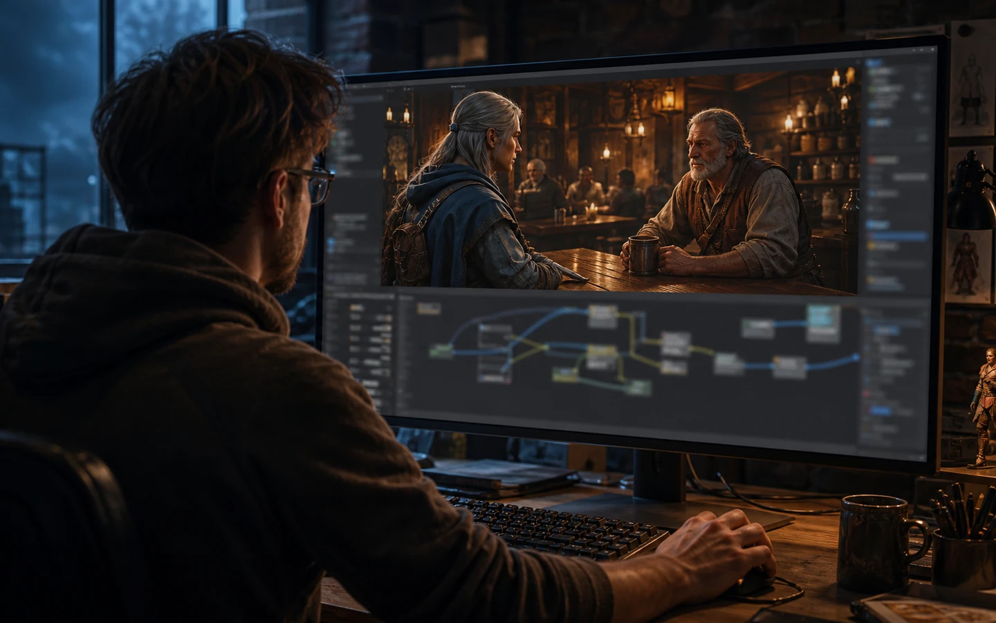 Game developer reviewing the original tavern conversation scene in a studio