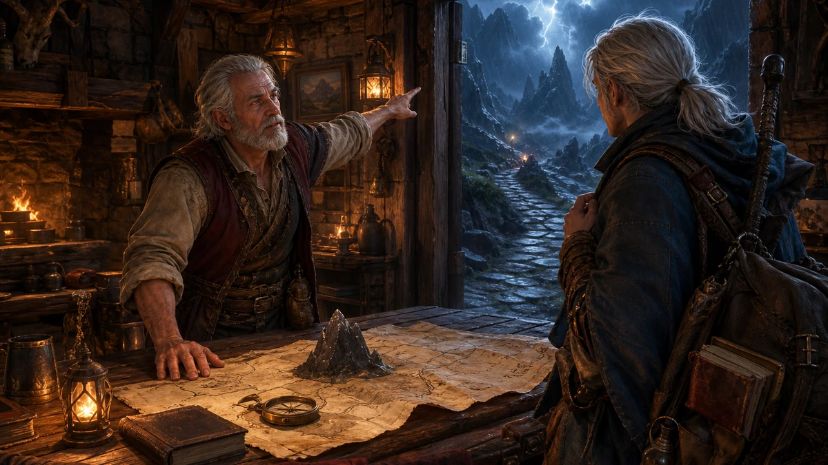 Innkeeper guiding the traveler toward a stormy mountain pass