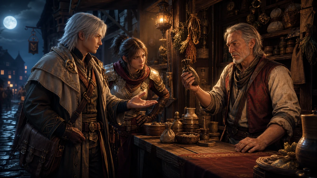Traveler and armored companion negotiating with a wary market merchant