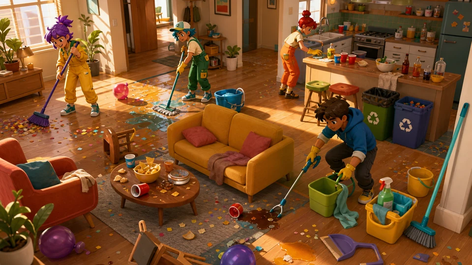 Physical in-world kit representing mess clusters, cleaning tools, movable furniture, disposal points, spills, and room routes, arranged coherently in the same visual direction