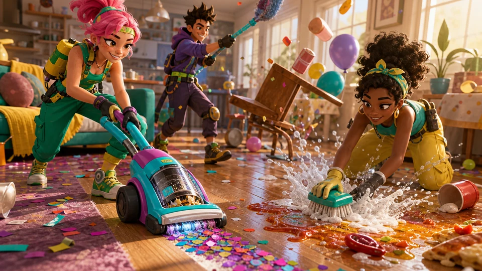 Close action view showing feedback from vacuum trails, scrub splashes, falling objects, obstacle collisions, and combo chains with material and motion detail