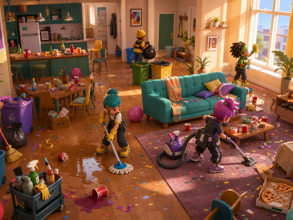 Wide three-quarter 3D gameplay scene of mess clusters, cleaning tools, movable furniture, disposal points, spills, and room routes in a coherent bright stylized post-party apartment with an original cleanup crew, confetti, toppled cups, food spills, balloons, movable furniture, colorful cleaning tools, and morning sunlight world, no interface