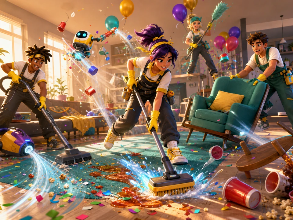 Action moment showing vacuum trails, scrub splashes, falling objects, obstacle collisions, and combo chains resolving clearly in the same bright stylized post-party apartment with an original cleanup crew, confetti, toppled cups, food spills, balloons, movable furniture, colorful cleaning tools, and morning sunlight world, no text