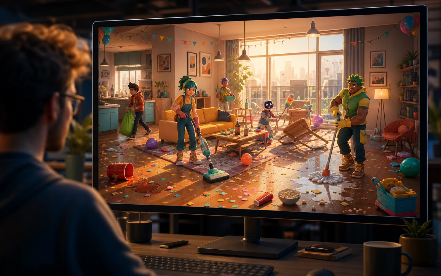 Over-the-shoulder game creator reviewing the original Unity Party Sweep scene in a professional game workspace on a large monitor, scene viewport dominant, tool controls abstract and unreadable