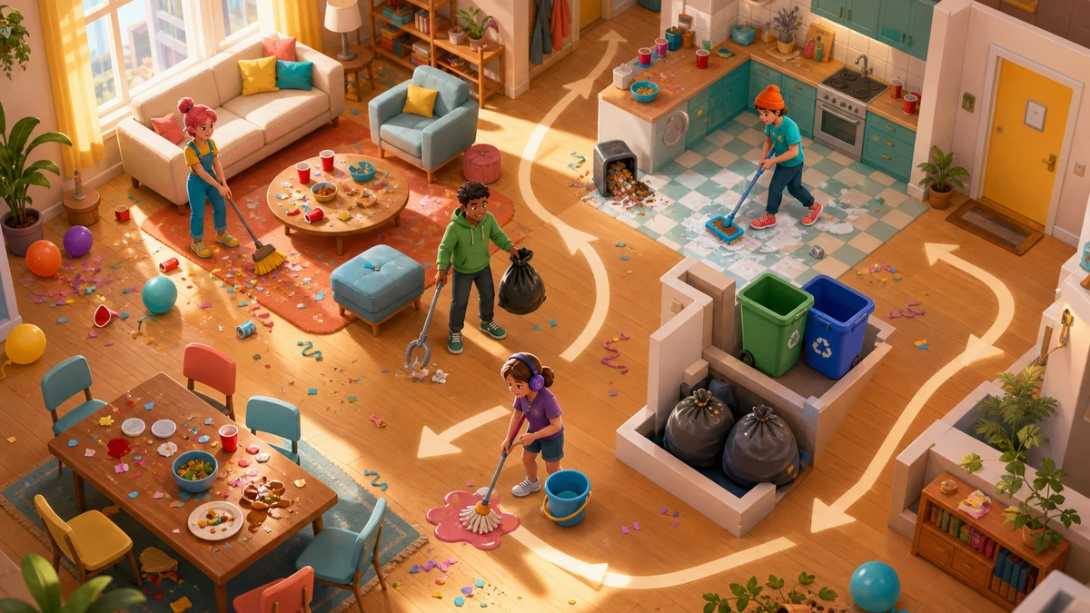 Clear playable layout showing mess clusters, cleaning tools, movable furniture, disposal points, spills, and room routes with readable spacing, camera, and route in the same world