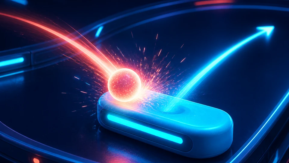 Luminous Pong ball contacting a rounded cyan paddle