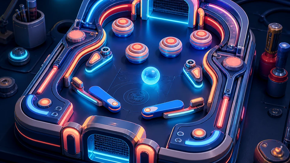 Modular arcade arena pieces arranged in a game-world workshop