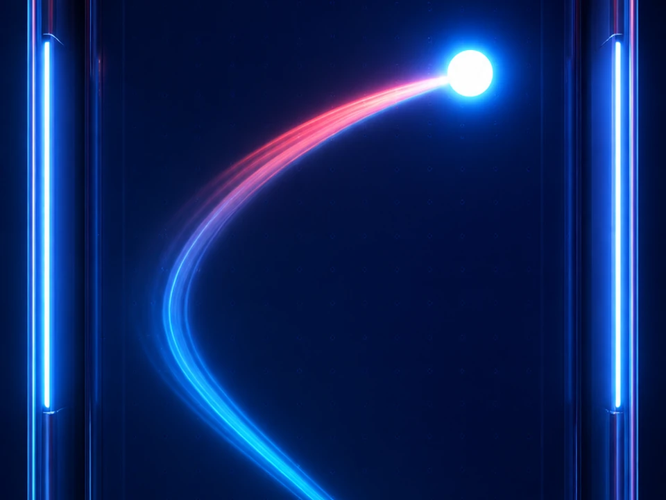 Vertical neon Pong arena with two rounded paddles and a luminous ball