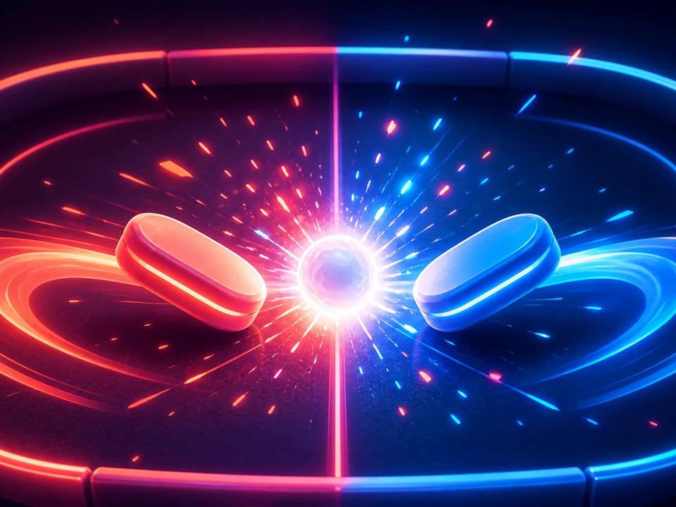 Split-color local-versus Pong arena during a fast central volley