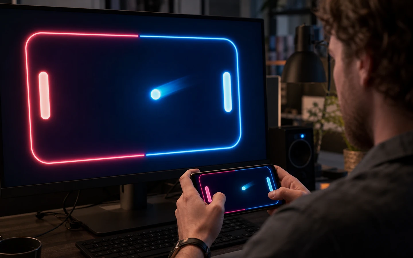 Mobile game creator reviewing the original neon Pong prototype