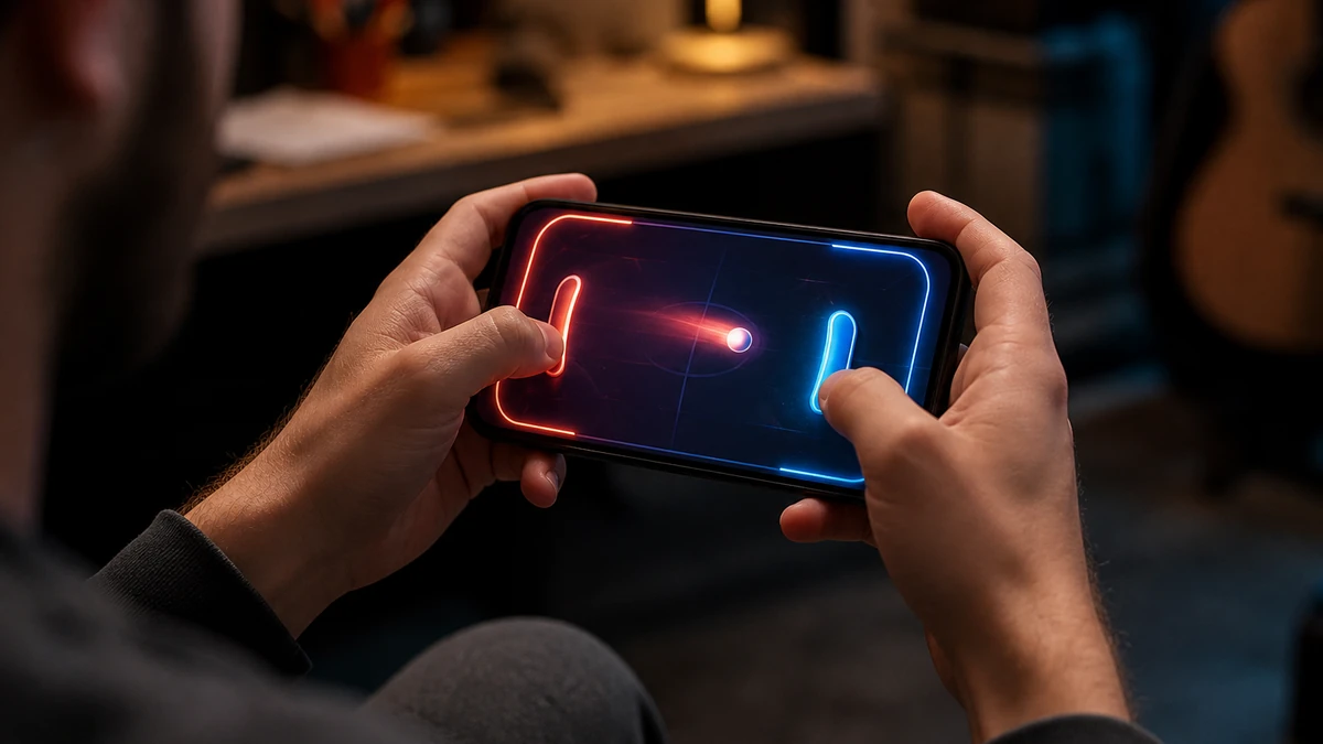 Creator playtesting the original neon Pong arena on a real phone