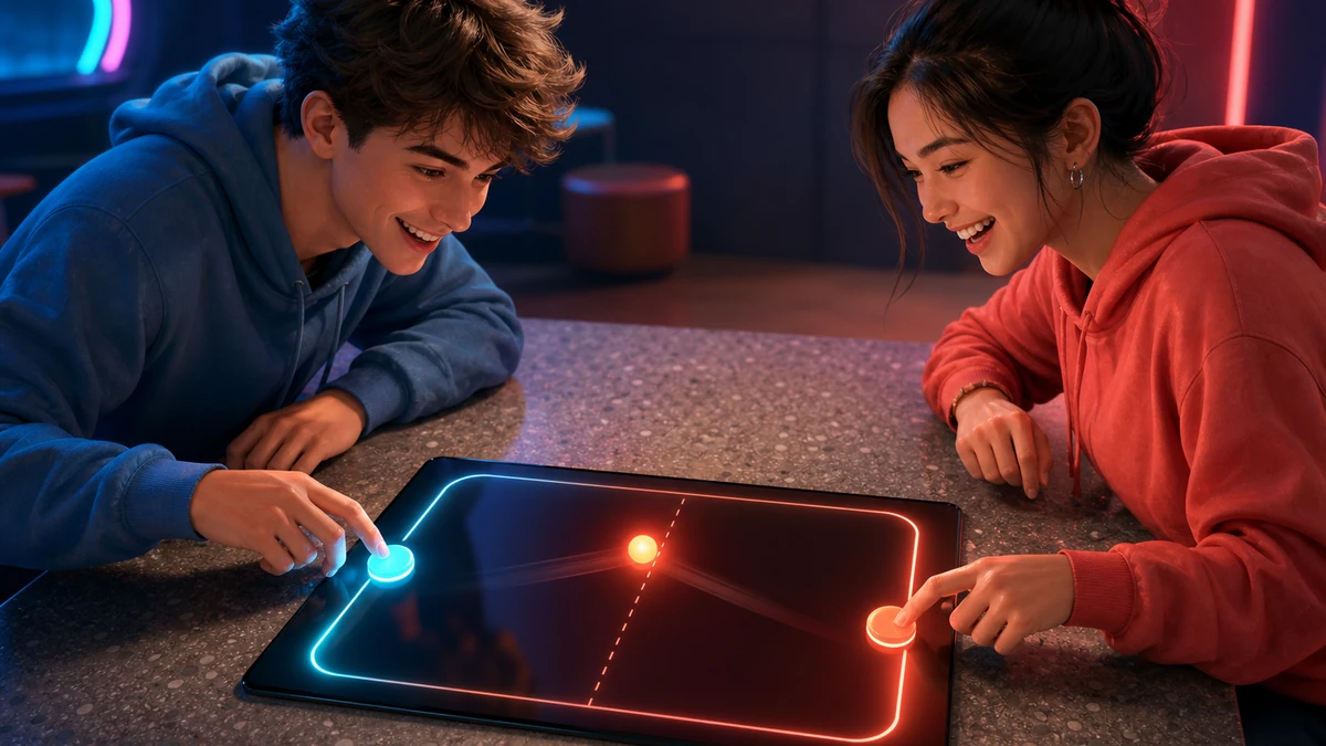 Two friends testing a same-device Pong concept together