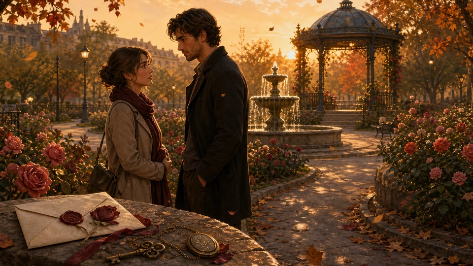 Physical in-world kit representing rose garden paths, letter, keepsake objects, dialogue staging, fountain, gazebo, and meeting points, arranged coherently in the same visual direction